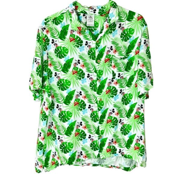 Disney Mickey Mouse Tropical Camp Resort Hawaiian Print Woven Button Size Large - Picture 1 of 9